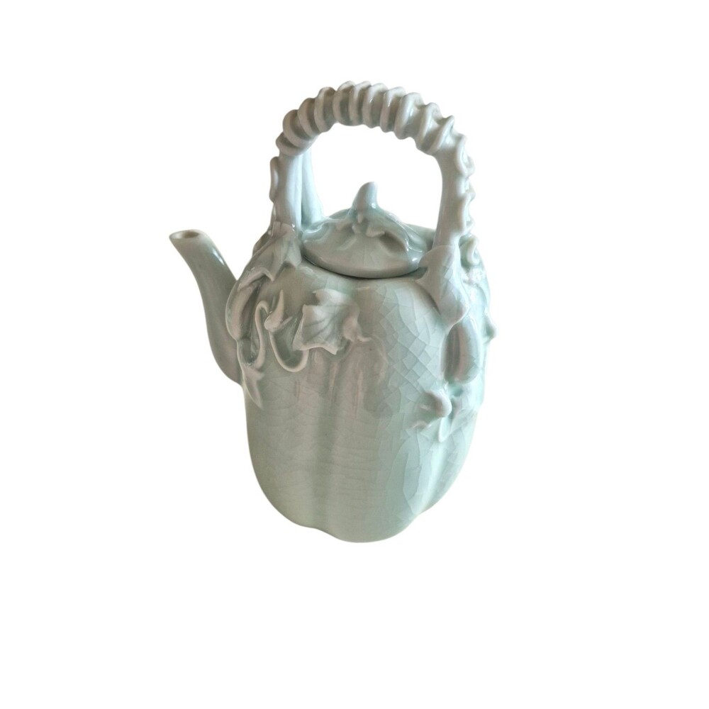 Chinese VTG Porcelain Crackle Celedon Glazed Pumpkin Squash Leaf Tea Pot Kettle